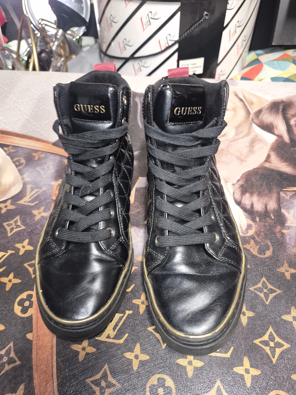 GUESS Black Leather High-Top Sneakers with Gold Trim